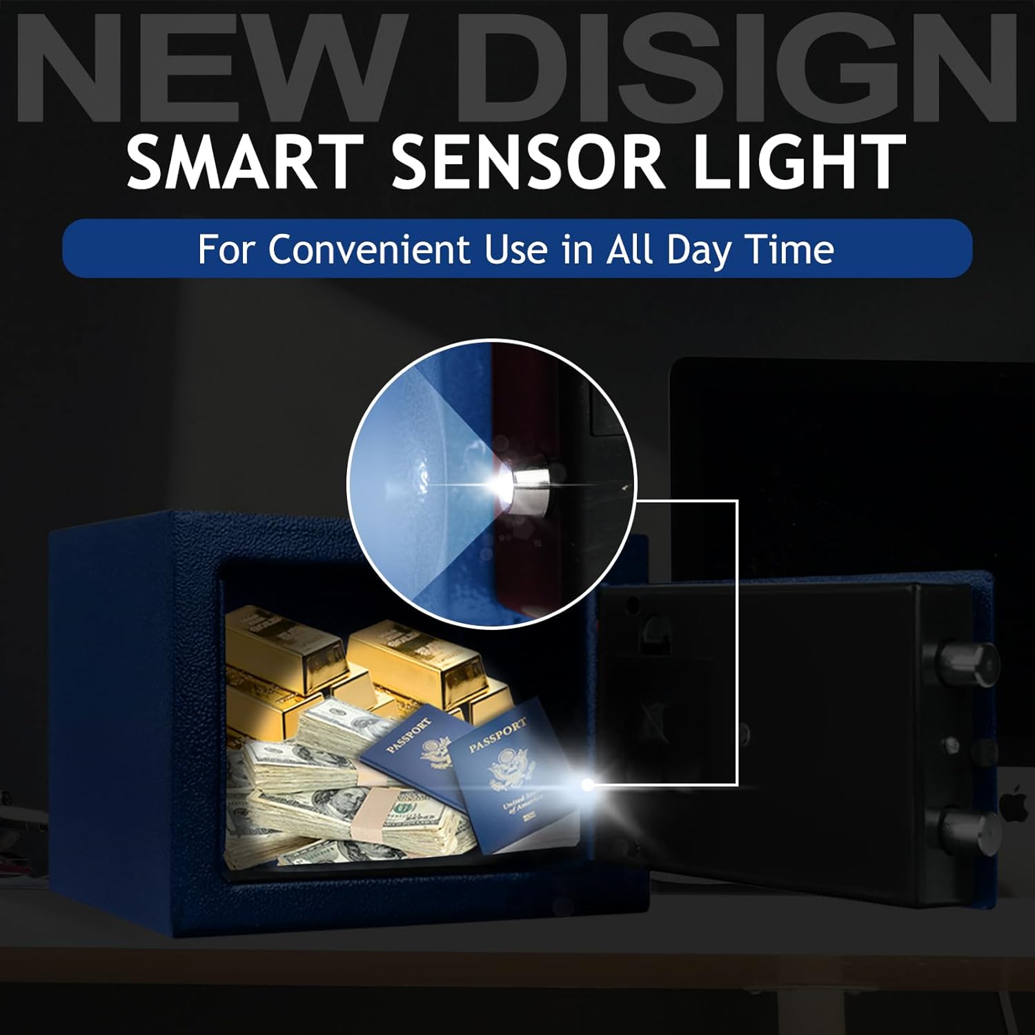 KOFAIR Safe Box for Home Safe (0.23 Cubic Feet) with Fireproof Bag, Personal Money Safe for Cash Saving, Mini Safey with Key, Digital Safety Box with Light, Money Lock safey (Blue)