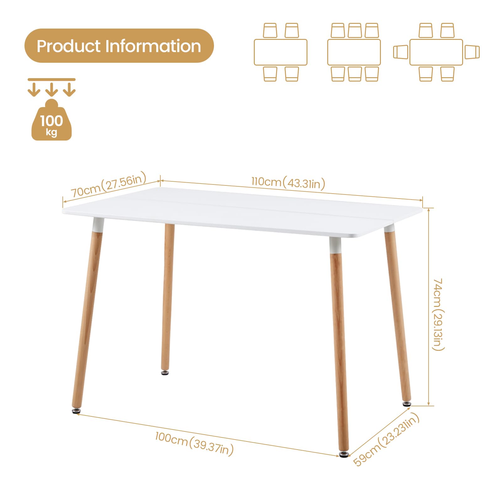 H.J WeDoo Rechteckig Esstisch Küchentisch Buchenholz für 4 Stühle Esszimmertisch Tisch mit Holzbein MDF Weiß 110 x 70 x 75 cm(Nur Tisch)