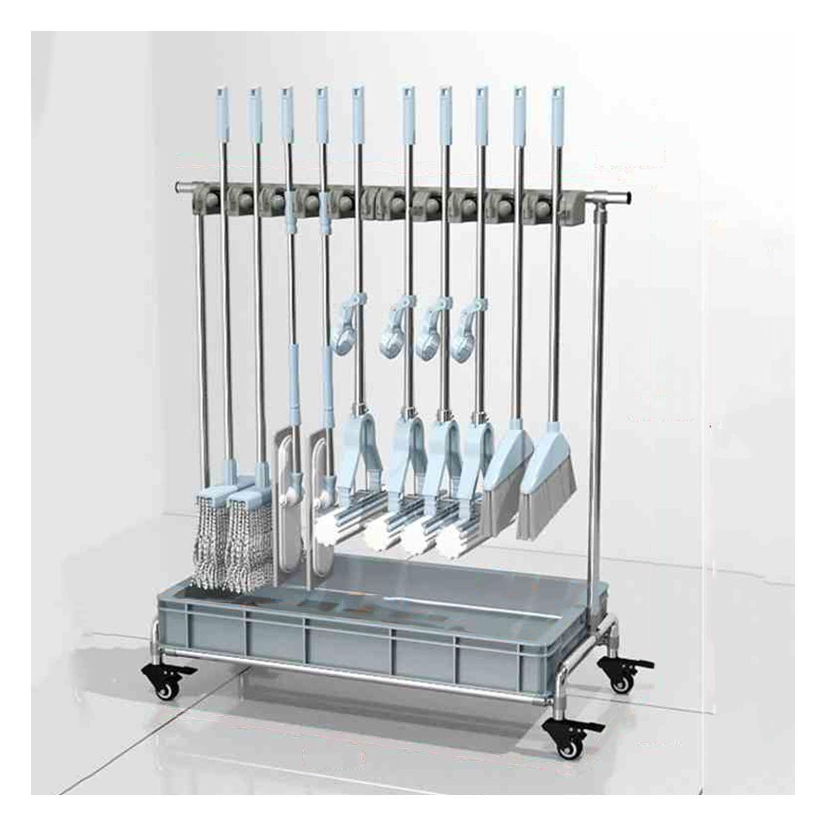 ASerZenith Mop And Broom Rack With Wheels - Removable Closet Storage Cabinet, Yard Tool Tower Rack With Mop Basin For Organized Cleaning Supplies(12 Hooks-100X110X42Cm)