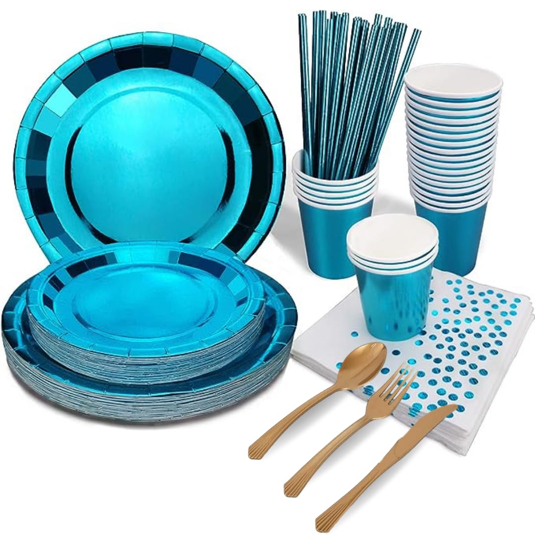 YOUNEX Disposable Dinnerware Set, 200 Pcs Party Supplies Serves 25, With Paper Plates, Cups, Napkins and Plastic Spoons, Knives, Forks, Straws For Baby Shower, Graduation Etc (Blue and Gold)