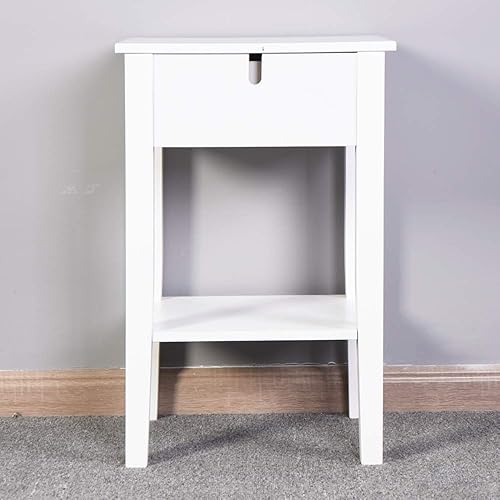 Miniatura 7 de SSLine Mesita de noche de madera blanca de 25.6 pulgadas de alto, con un cajón, mesa auxiliar con estante moderno para sofá, mesa auxiliar, mesa de