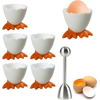 Set of 6 Egg Cups and One Egg Opener Cartoon Egg Stand Egg Cups Funny Egg Cups Children's Breakfast Egg Cup Set Plastic Egg Cup Set for Soft for Boiled Eggs