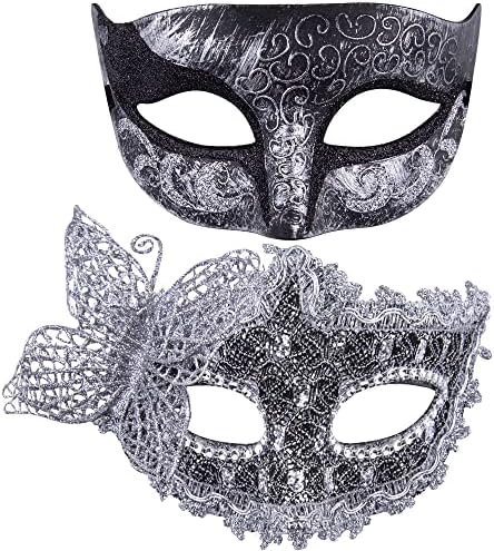 SIQUK Couple Masquerade Masks Lace Venetian Party Mask Plastic Halloween Costume Mask Rhinestone Mardi Gras Mask for Couples Women and Men