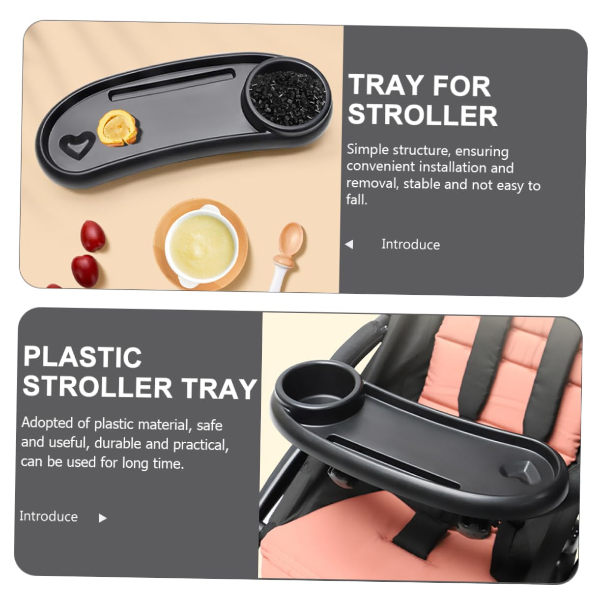 Accessoire Plateau Sécurisé Pratique avec Porte-gobelet Noir et Amovible Repas en Plastique pour Poussette Bébé pour Collation Promenade