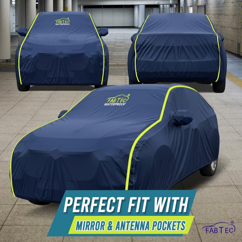 Image of FABTEC Premium Waterproof Car Body Cover for Tata Nexon 2025 | All Weather Protection | Dustproof, UV Resistant, Scratch Proof | Mirror Pocket, Soft Cotton Lining (Navy Blue)