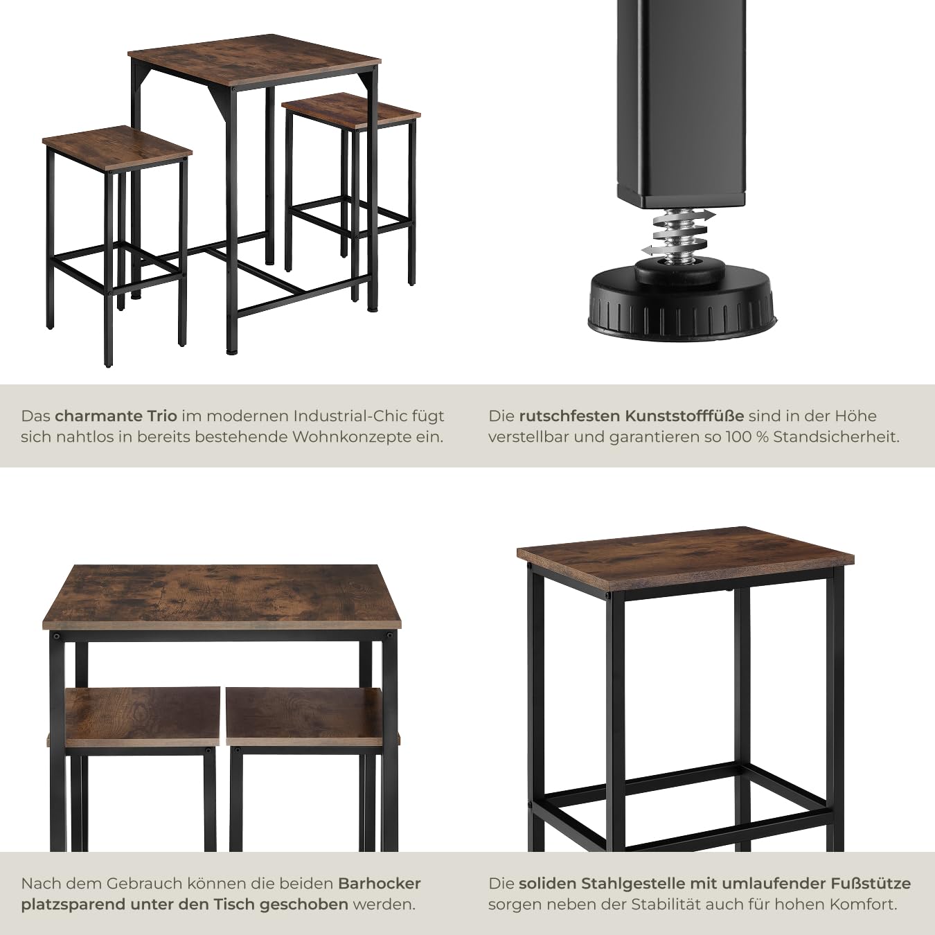 tectake® Bartisch Set 3-teilig, 1x Hochtisch mit 2X Barhocker, Essgruppe Industrial Style, Kaffeebar Möbel, Küchentisch mit Stühlen, Küchenmöbel, Wohnzimmer Möbel (Industrial Dunkelbraun)