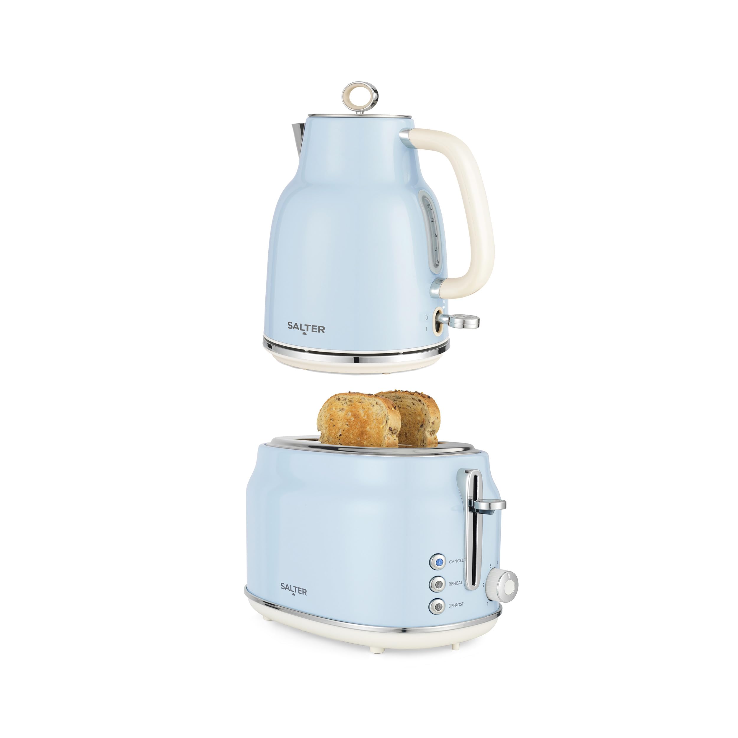 Salter Retro Kettle & 2-Slice Toaster Set - Wide Slots, 3KW Rapid Boil, 6 Browning Levels, 360° Base, Removable Limescale Filter, Defrost, Reheat & Cancel, High-Lift Eject, Removable Crumb Tray, Blue