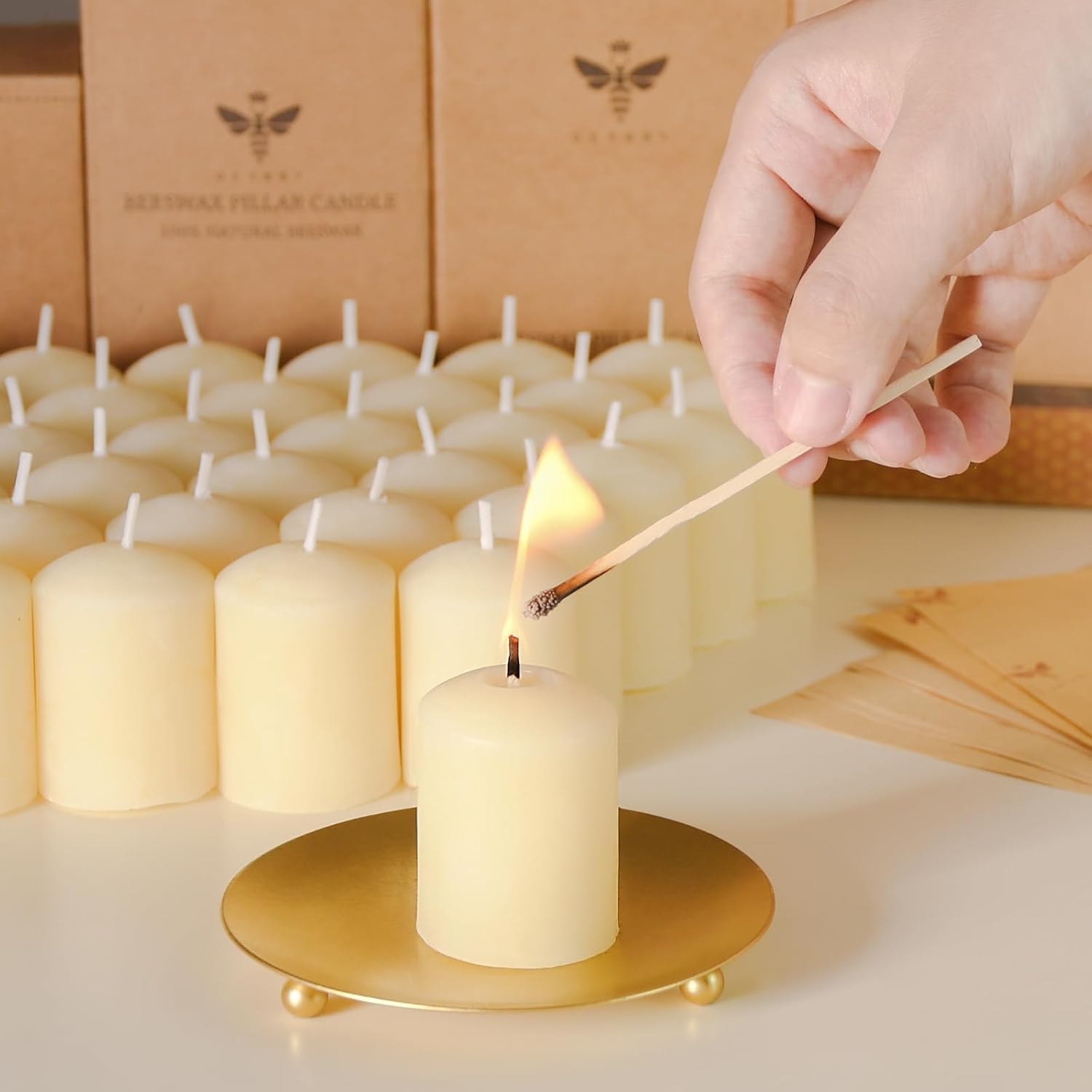 DEYBBY Off White Beeswax Votive Candles 8-Hour Burn Unscented Candles 12Pcs image 4