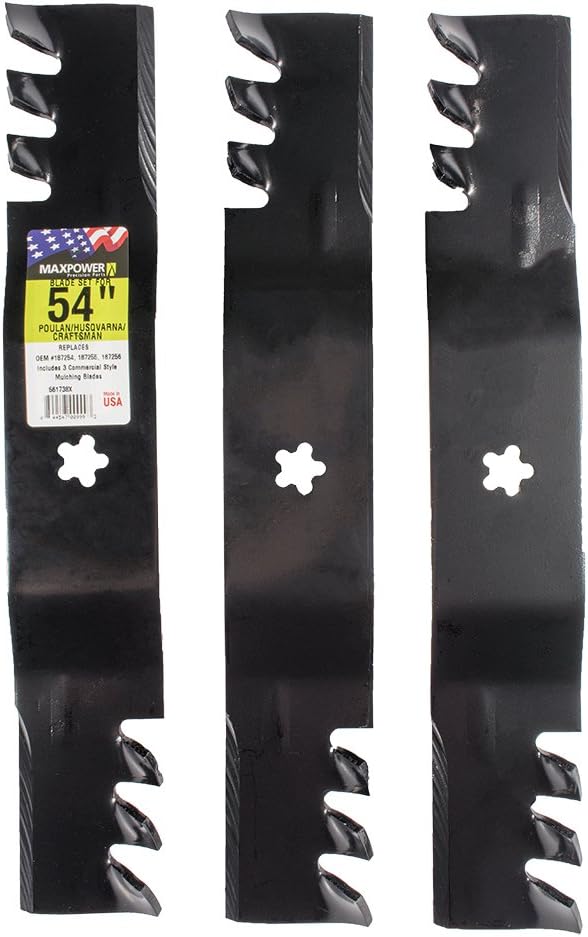 MaxPower 561738XB 3 Blade Commercial Mulching Set for 54" Cut Craftsman, Husqvarna, Poulan s 532187255, 187254, 187255, 187256, Replaces OEM no. 32187255, 532187256, Black