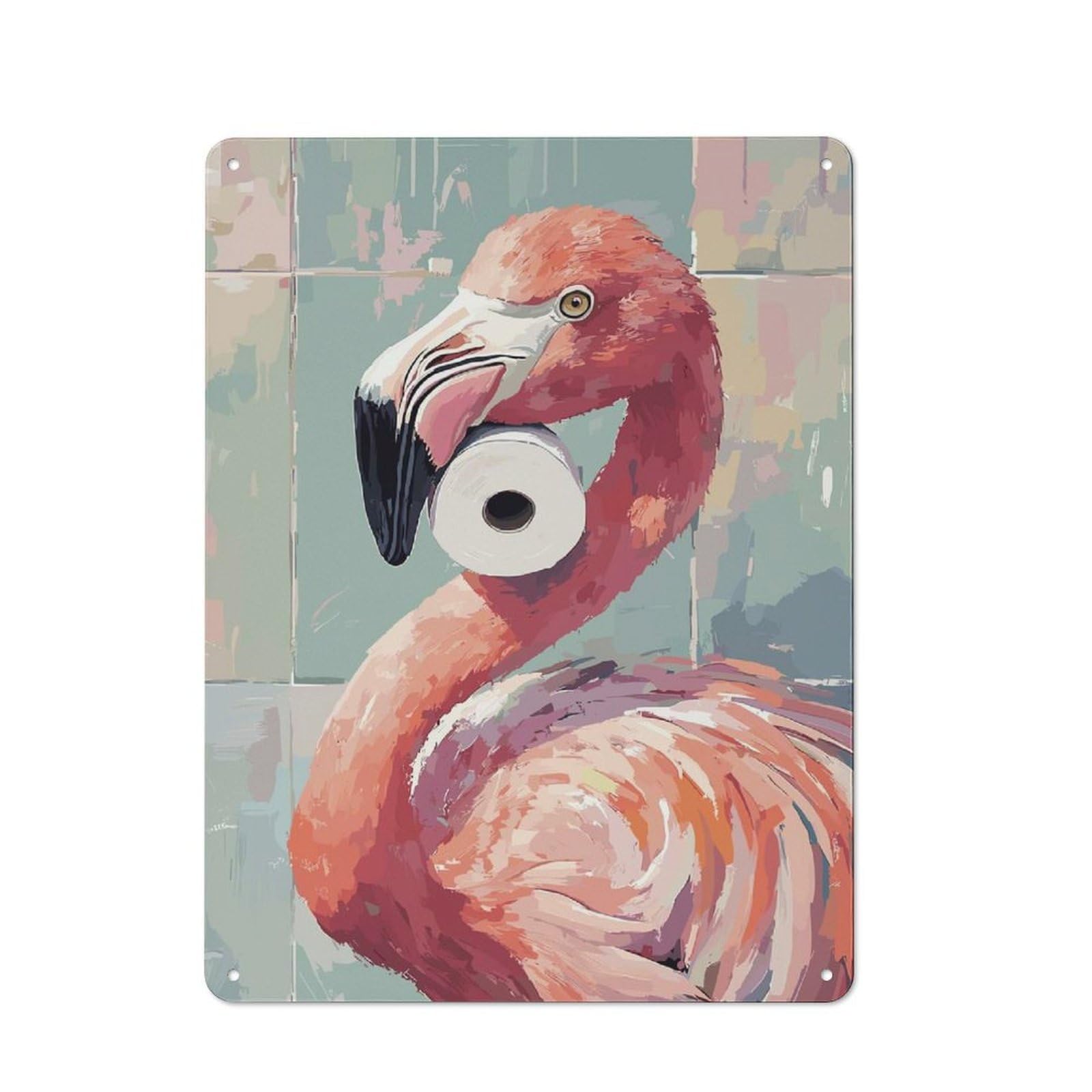 Flamingo with Toilet Paper Roll Rustic Metal Wall Decor 40x30cm, Garden Room Metal Sign for Patio Bar, Workshop, Shed Or Kitchen