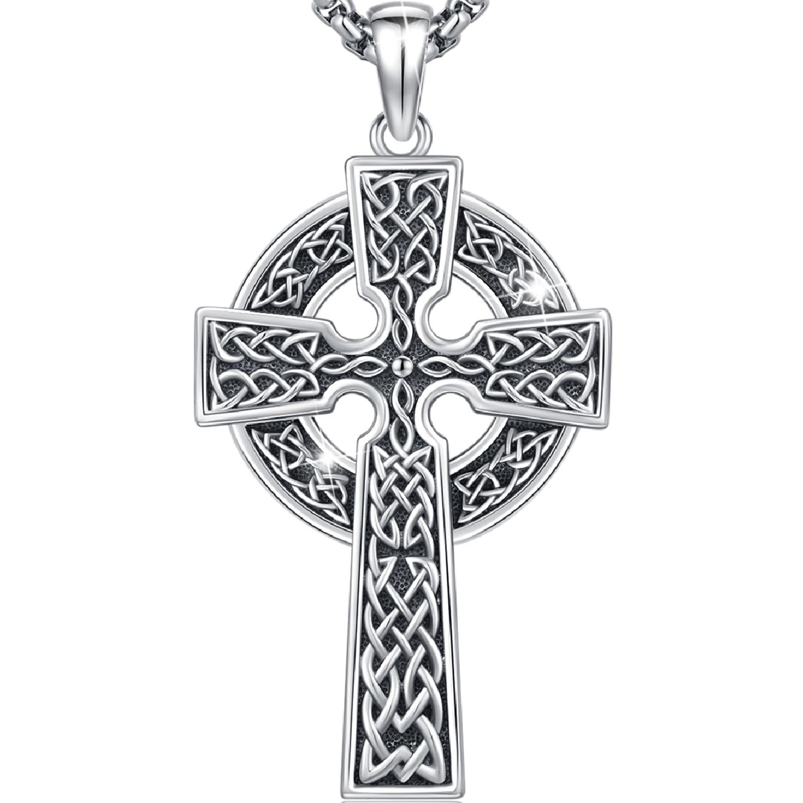 AUDINCEED Celtic Cross Necklace for Men Women 925 Sterling Silver Celtic Cross Pendant Evil Eye Necklace Irish Trinity Knot Crucifix Jewelry