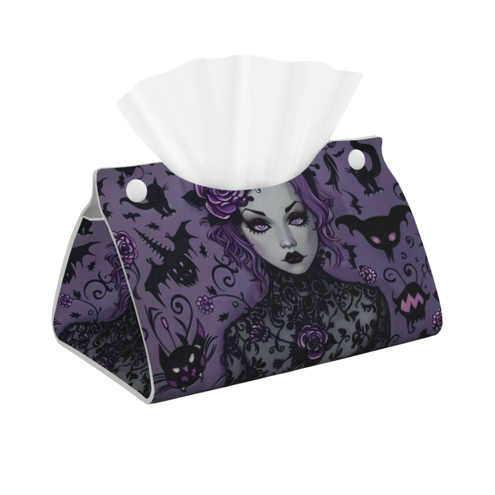 Purple Black Goth Spooky Print Tissue Box Cover Foldable Tissue Storage Box Leather Tissue Cube Box Holder for Living Room Bedroom Office Car Home Decor