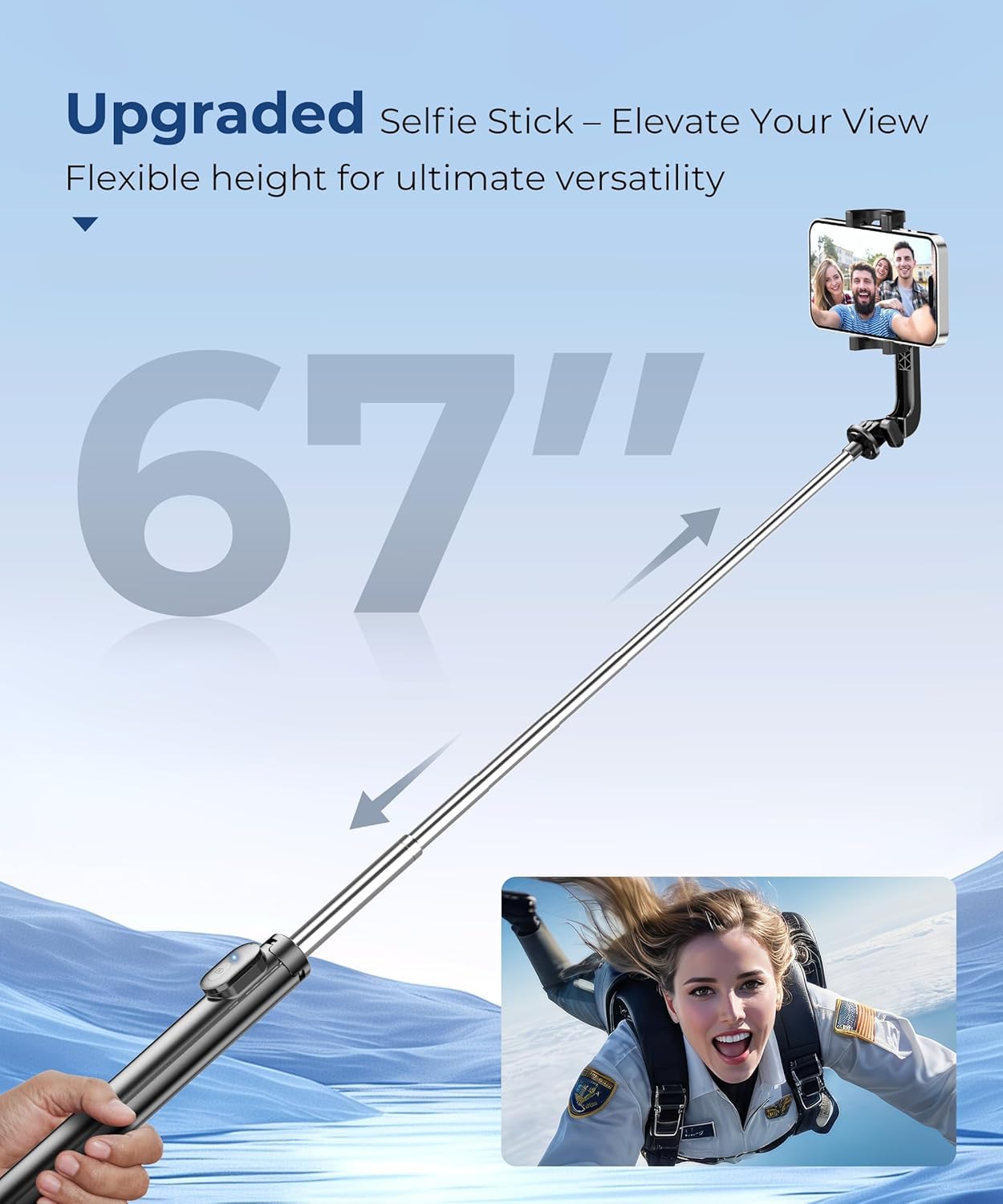 67‘’ Selfie Stick Travel Tripod, Extendable Tripod for iPhone with Wireless Remote Control and Phone Holder, iPhone Stand for Photograph, Compatible with All Cell Phones, Black