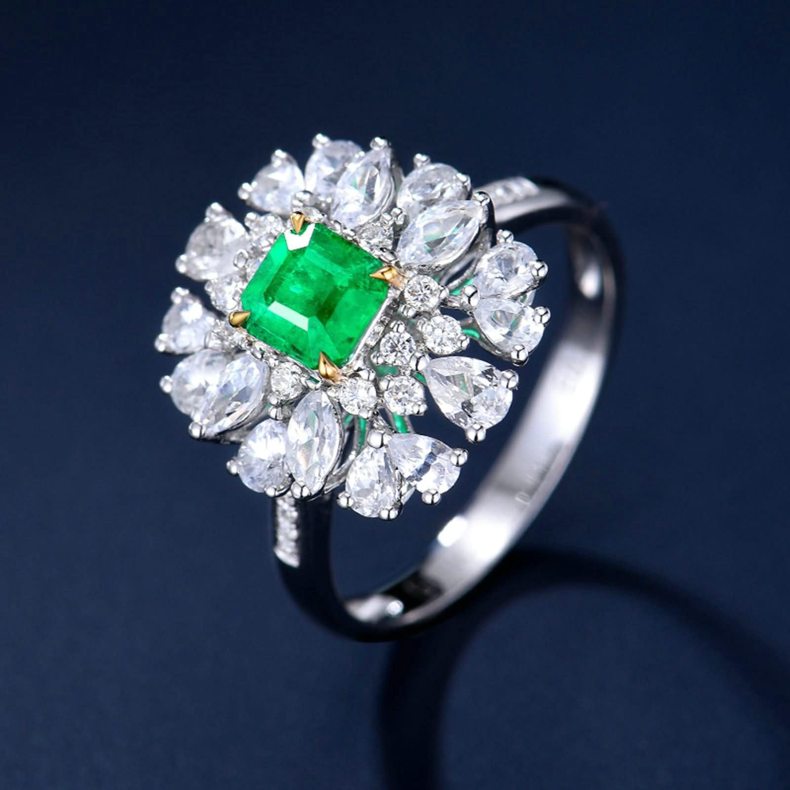 Obrączki ślubne damskie białe złoto 9K / 14K / 18K, kwiat i 4 szczęki kwadratowy szmaragd 0,59ct i diament, srebrny zielony pierścionek zaręczynowy dla kobiet
