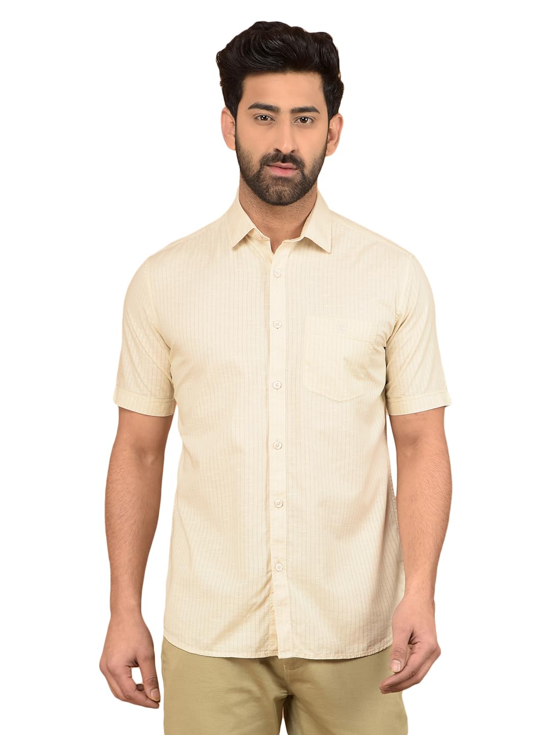 Crimsoune Club Men's Beige Vertical Stripes Shirt-image-47