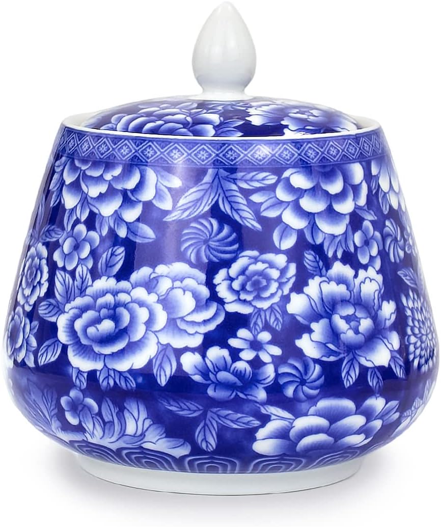 Dahlia Blue and White Porcelain Tea Canister for Loose Tea, Airtight Jingdezhen Tea Caddy, Lotus 850 ML