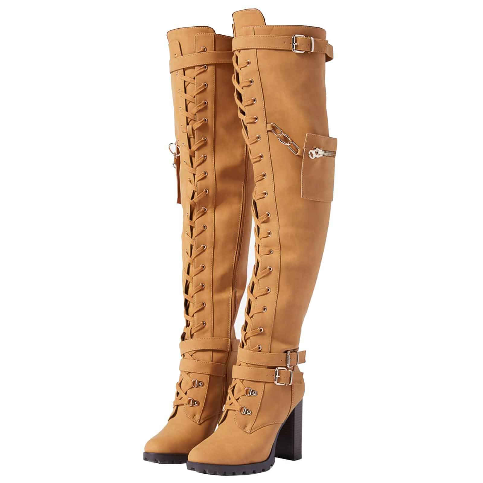 Yishaweiqi Buckle Strap Wide Calf Thigh High Boots for Women Chunky Block High Heel Over The Knee Boots Lace up Riding Combat Boots Ladies Side Zipper Tall Long Boots