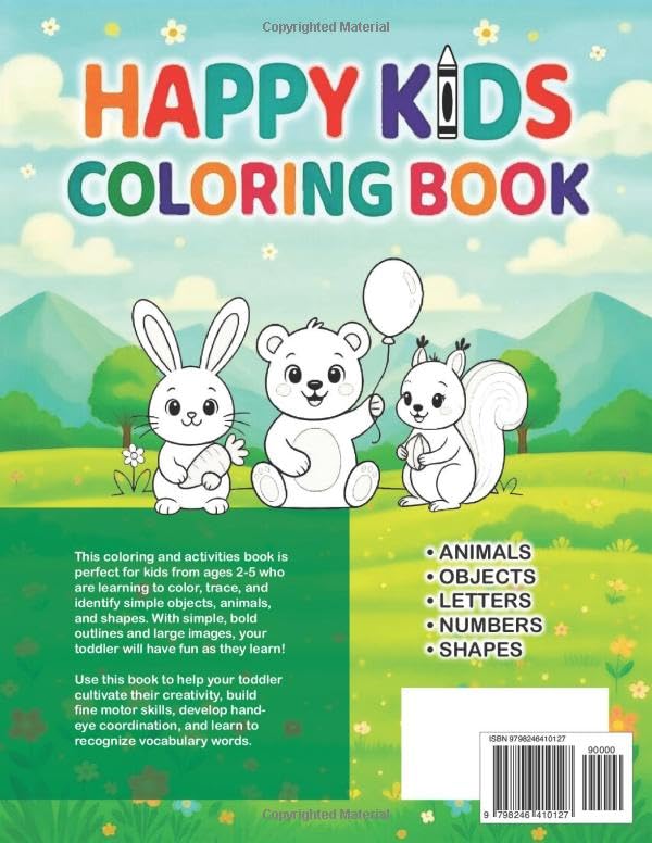 Happy Kids Coloring Book: Simple Cute Animals, Objects, Letters, Numbers, and Shapes for Toddlers and Preschool Kids Ages 2-5 image 3