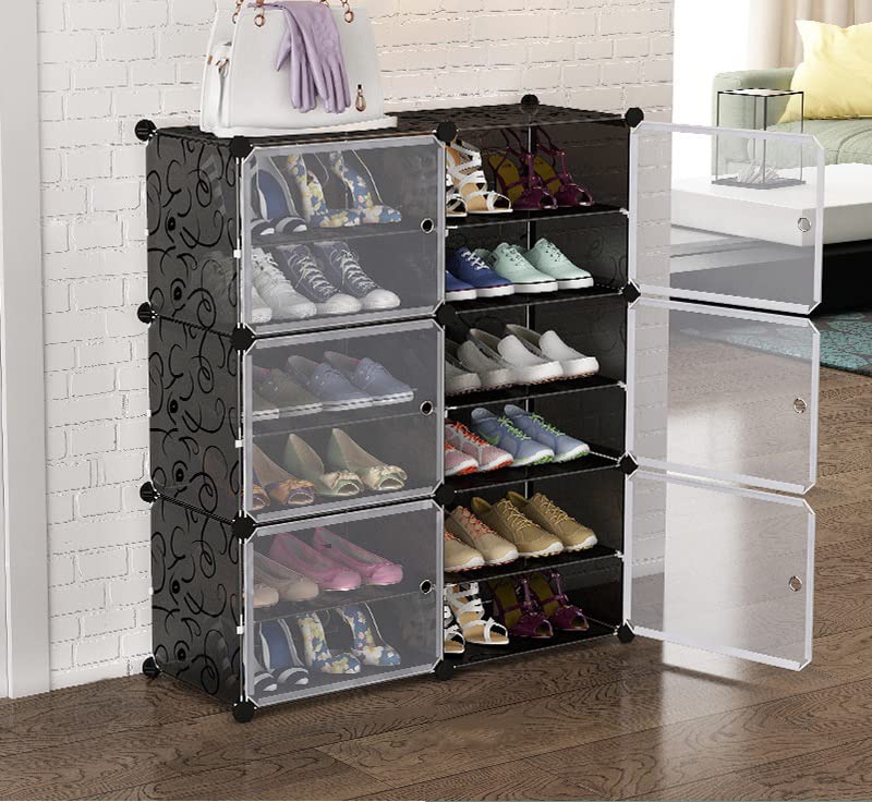 Portable Shoe Rack Organizer 30 Pair Tower Shelf Storage Cabinet Stand Expandable for Heels, Boots, Slippers, (12-Layer-6-Door-Black, Plastic)
