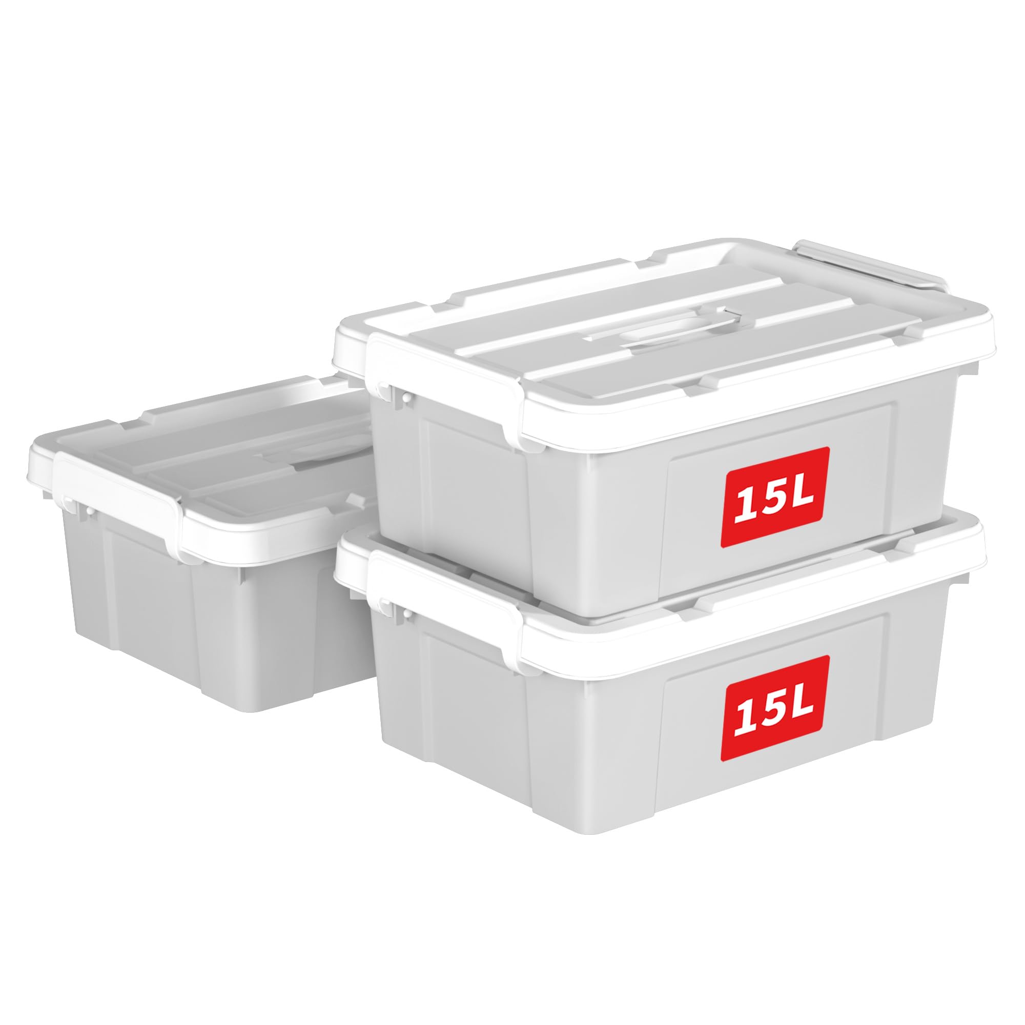 Cetomo 15L*3 Aufbewahrungsboxen, Tragbare Plastikboxen mit Deckeln, Organizer-Behälter mit Griff und Clips, Stapelbar, Ineinander Nestbar, für Zuhause und Büro, Grau, 15L-3er Pack