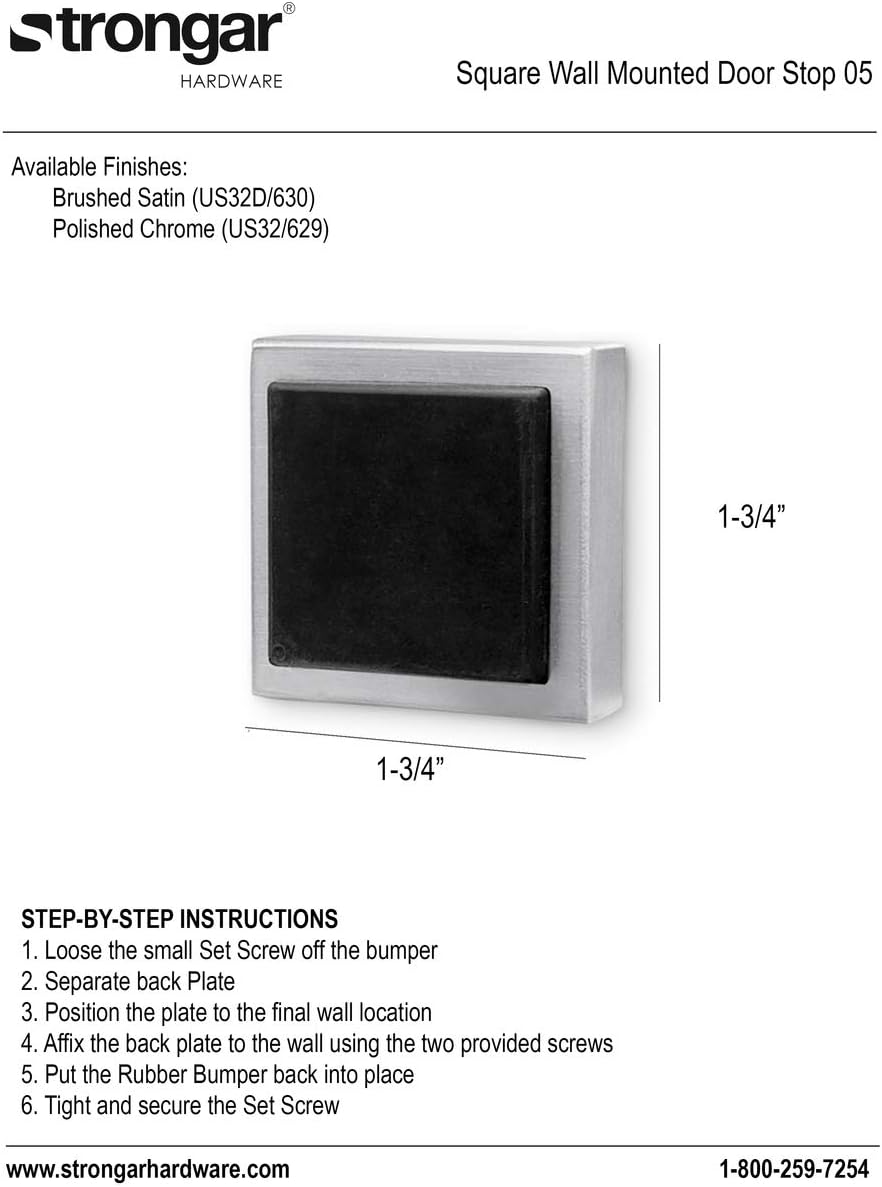 Modern & Contemporary Square Stainless Steel Wall Mounted Door Stop Bumper - Brushed Satin (US32D/630) - Heavy Duty - Prevents Damage to Walls - Easy to Install (3-Pack)