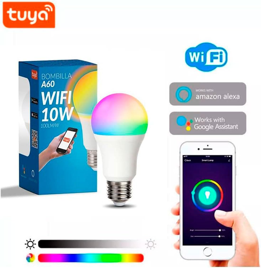 M Ledme - Bombilla LED Inteligente WiFi A60 10W (Eq. 90 W) casquillo E27, sin necesidad de Hub, Regulable en intensidad, Luz Blanca y de Colores (RGB+CCT), compatible con Alexa y Google Home, LM7141
