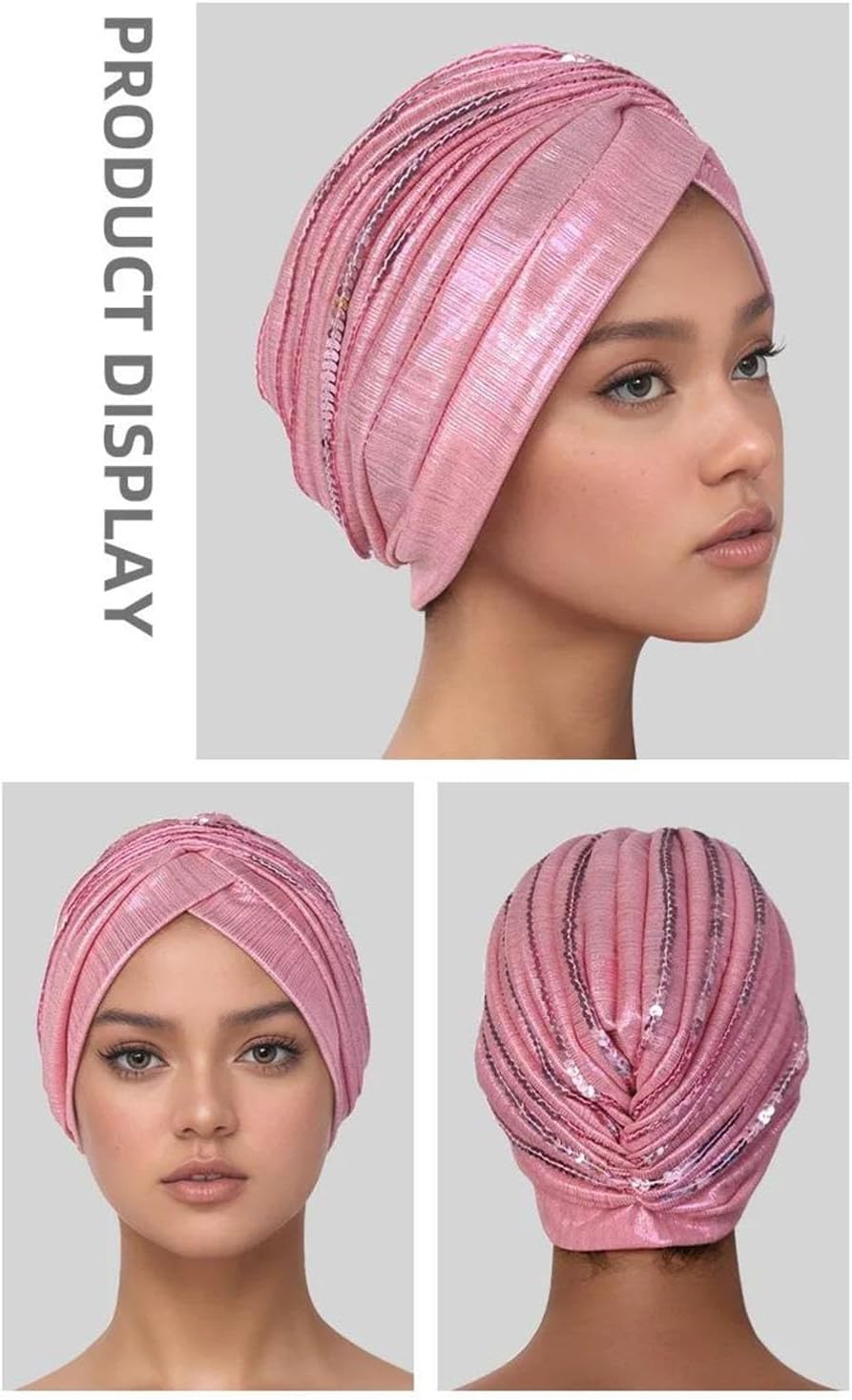 Womens Fashion Sequin Turban Muslim Hijab Bonnet Pleated Headscarf Beanie Chemo Cap Hair Loss African Hat