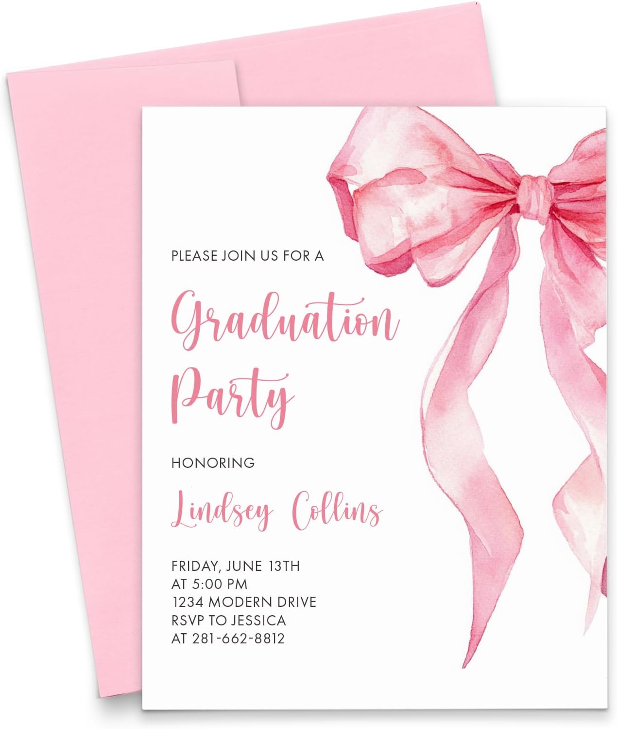 Personalized Pink Graduation Party Invitations 2025, Cute Graduation Commencement Invitation With Bow, Custom Grad Party Invites Class of 2025, Your choice of Quantity and Envelope Color