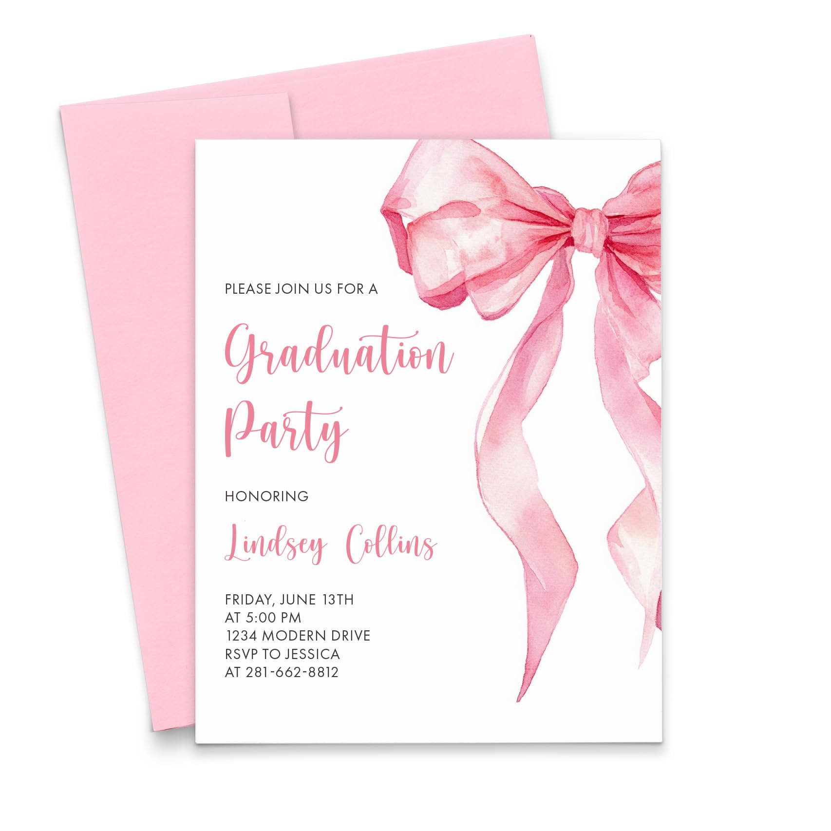 Modern Pink Paper Pink Bow Graduation Invitations