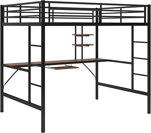 Miniatura 9 de SOFTSEA Cama tipo loft de tamaño matrimonial con escritorio y almacenamiento, cama alta de metal, cama matrimonial multifuncional con estantes para