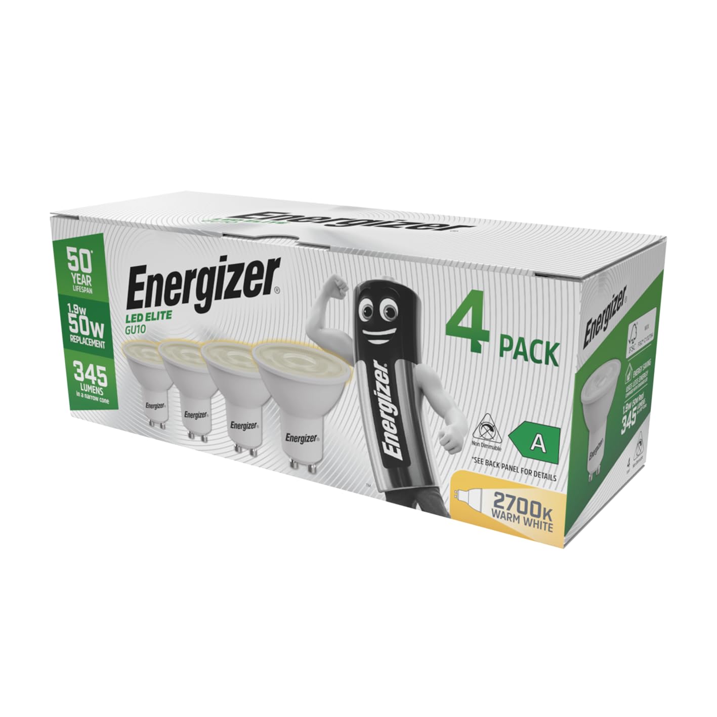 Energizer GU10 LED Bulb A Rated, 1.9W = 50W, Warm White 2700K, 345 Lumens, Pack of 4, Non-Dimmable