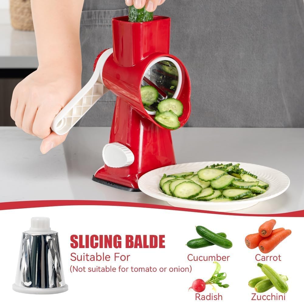 KEOUKE Rallador giratorio de queso con manivela roja – Trituradora de 3 cuchillas de acero inoxidable, succión estable, mango que ahorra trabajo, herramienta de cocina segura para queso, verduras