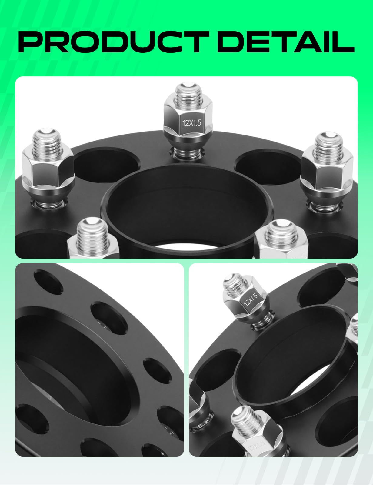 YHTAUTO 5x4.75 Hub Centric Wheel Spacers 1.25 Inch Fits Chevrolet, GMC, Buick, Cadillac Models, Corvette 1984-1996, Blazer Tire Spacers w/ M12x1.5 & 12.9 Grade Studs, 70.5mm Hub Bore 5 Lug 4PCS Black