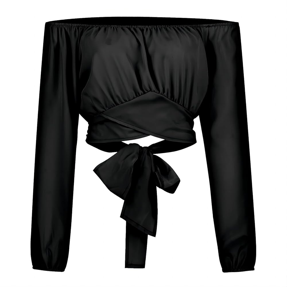 Off Shoulder Crop Top for Women Lantern Sleeve Waist Tie Blouse S