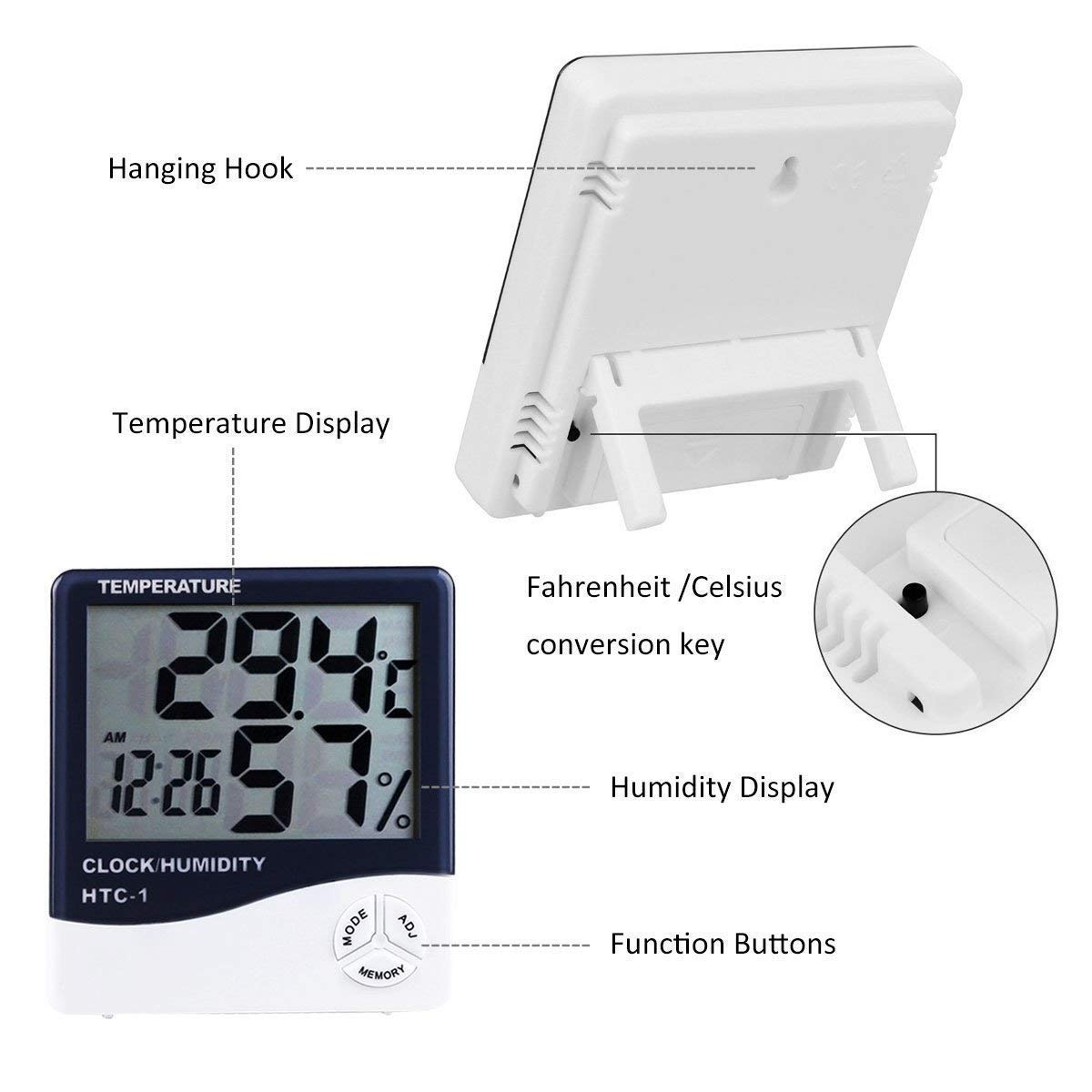 DEBIRE LCD Night Light Indoor Humidity Monitor Temperature Sensor Hygrometer Thermometer with Date Time Alarm Clock 3