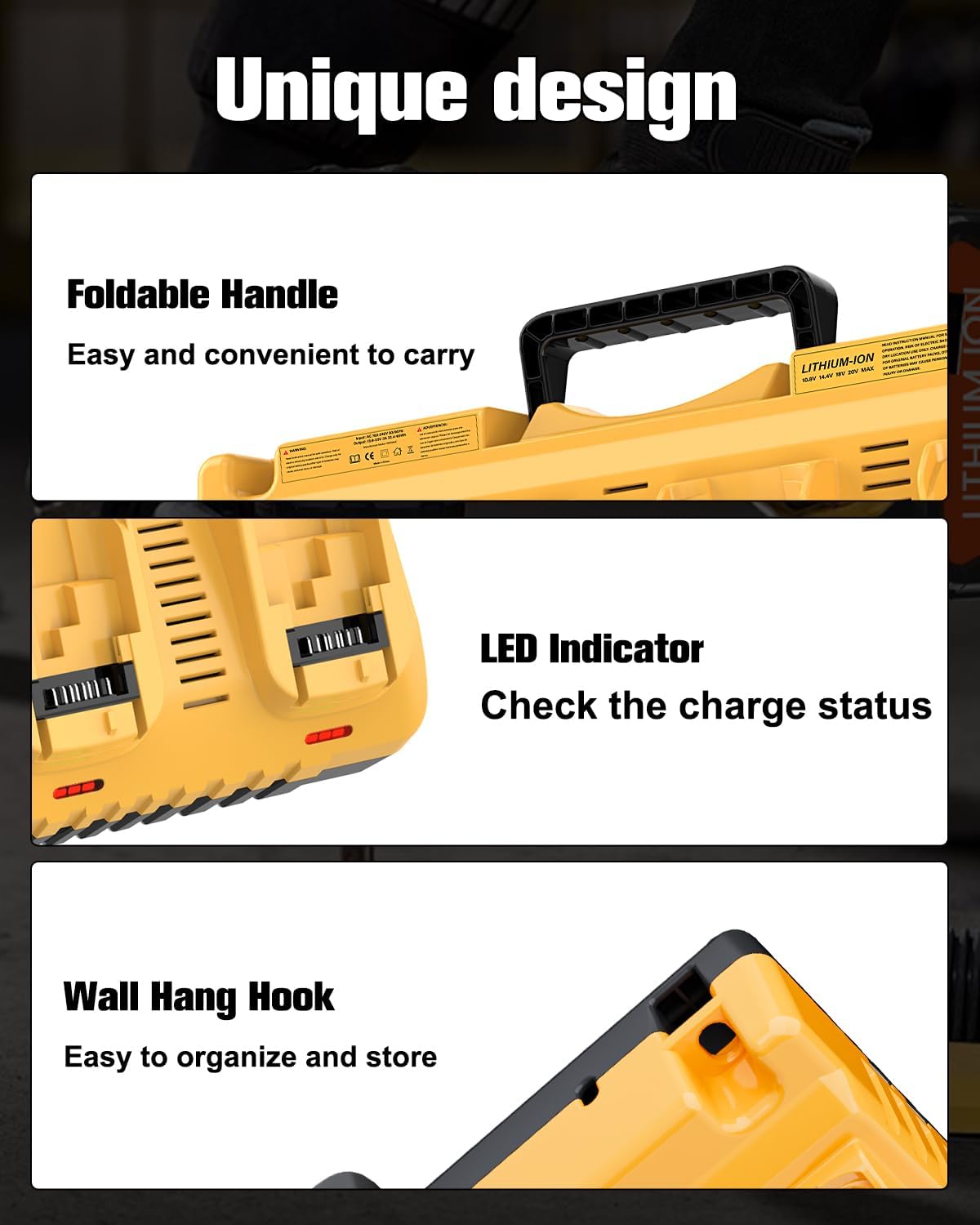 DCB104 Replacement for Dewalt Battery Charger Station,4 Port Multi Battery Charger with 2 USB Ports, Compatible with Dewalt All 12V 20V Max Lithium Battery (Yellow) - Image 8
