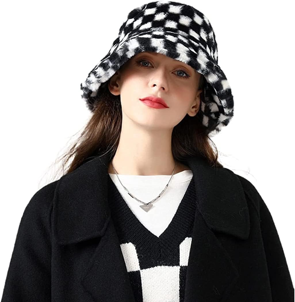 Womens Winter Fluffy Bucket Hat Checkered Pattern,Winter Faux Fur Bucket Hat Fluffy Warm Hat for Women Men - Image 6