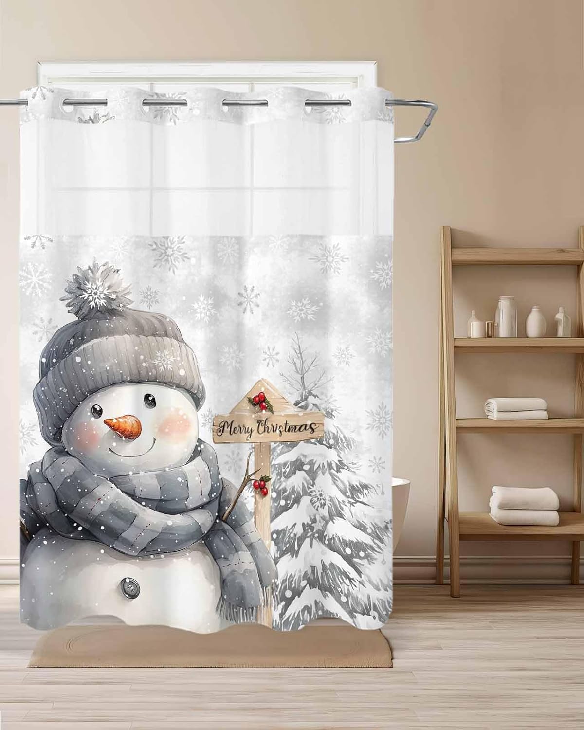Christmas No Hook Shower Curtain with Snap in Liner, Winter Snowman Xmas Pine Tree Shower Curtain for Bathroom Waterproof Merry Christmas Bath Curtain with See Through Mesh Top Window, 48" x 72"