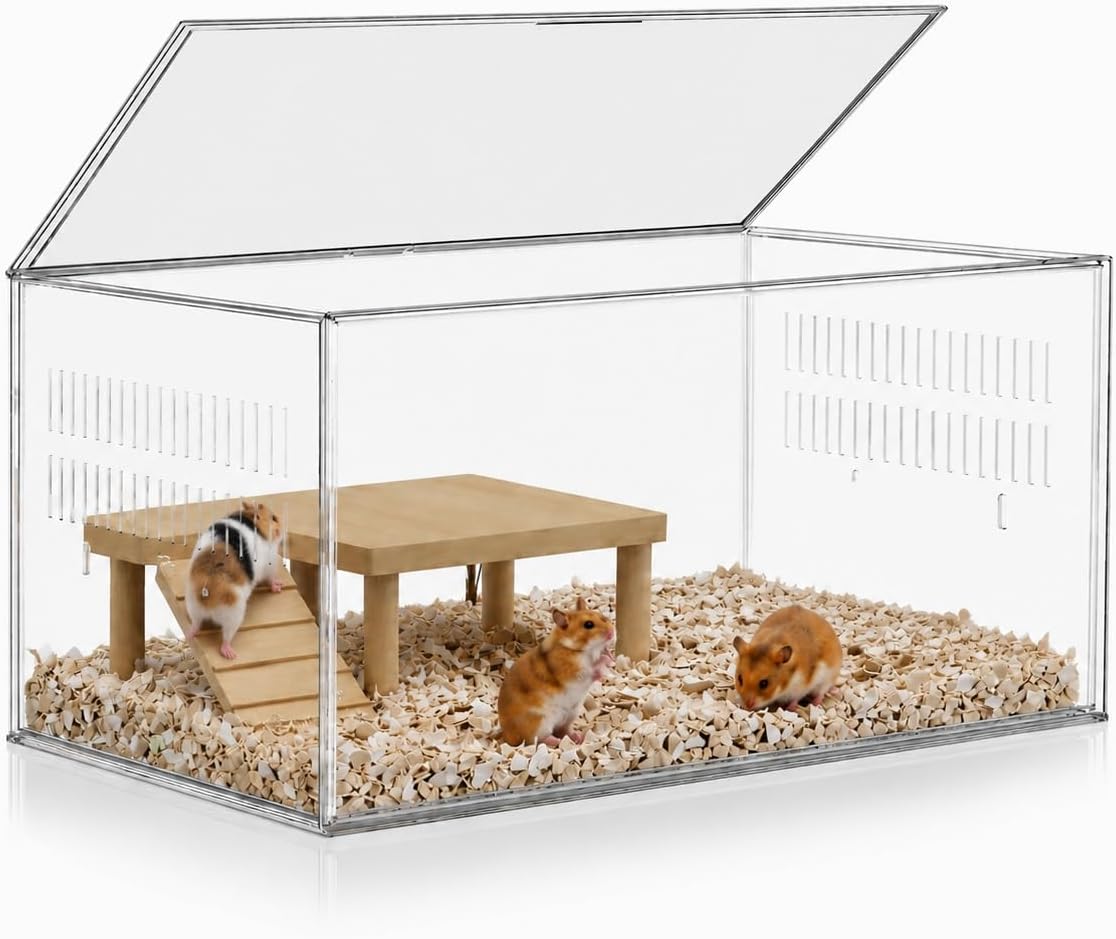 STILLCOVE Jaula transparente para hámster con plataforma: Jaula para animales pequeños de 2 niveles | Plataforma y rampa de madera, casa transparente para cobayas de PET, recinto para ratas, tanque para ratones, hábitat para mascotas para roedores jerbos erizos