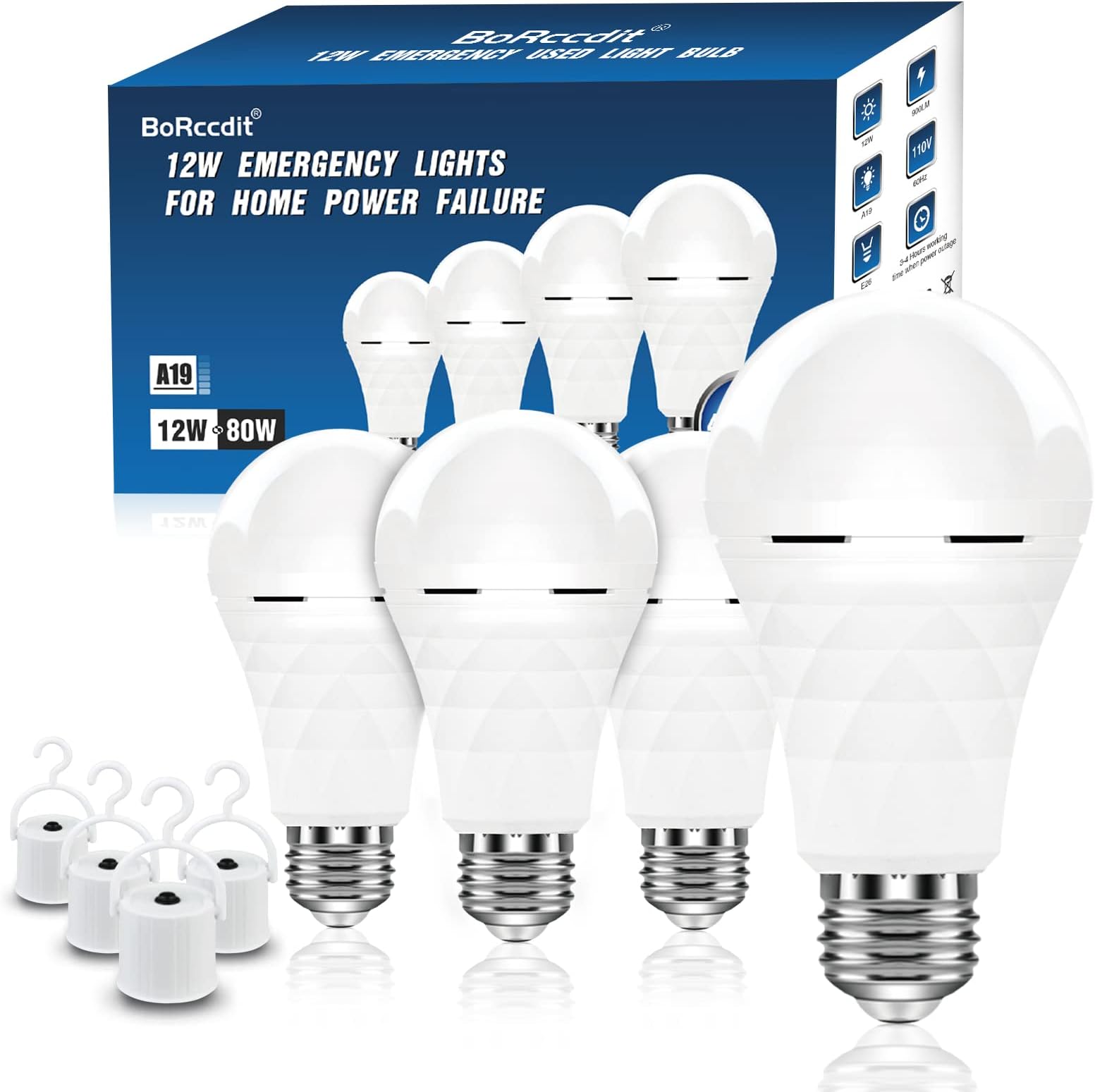 BoRccdit A19 Rechargeable Light Bulbs, 12W Emergency Light Bulbs for