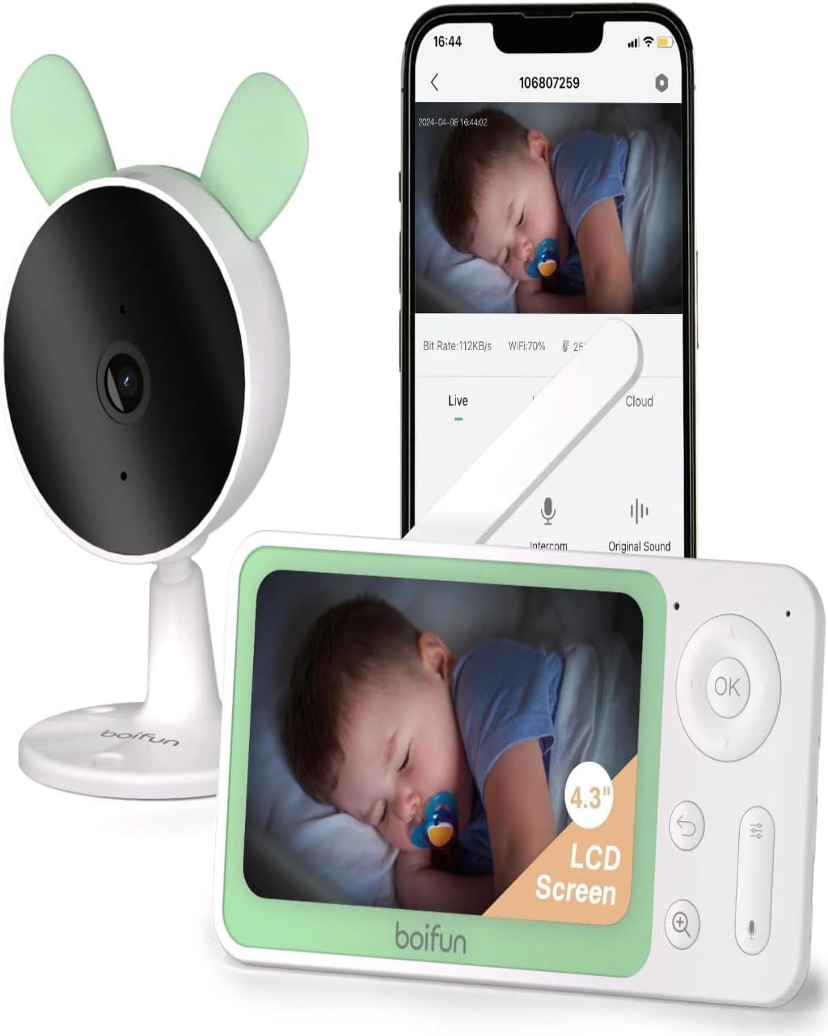 BOIFUN Video Baby Monitor WiFi, Smartphone APP Control & LCD Monitor, 4.3'' 3X Zoom Display, AI Motion & Sound Detection, 1080P Smart (Monitor para Bebe), Night Vision, Video Recording