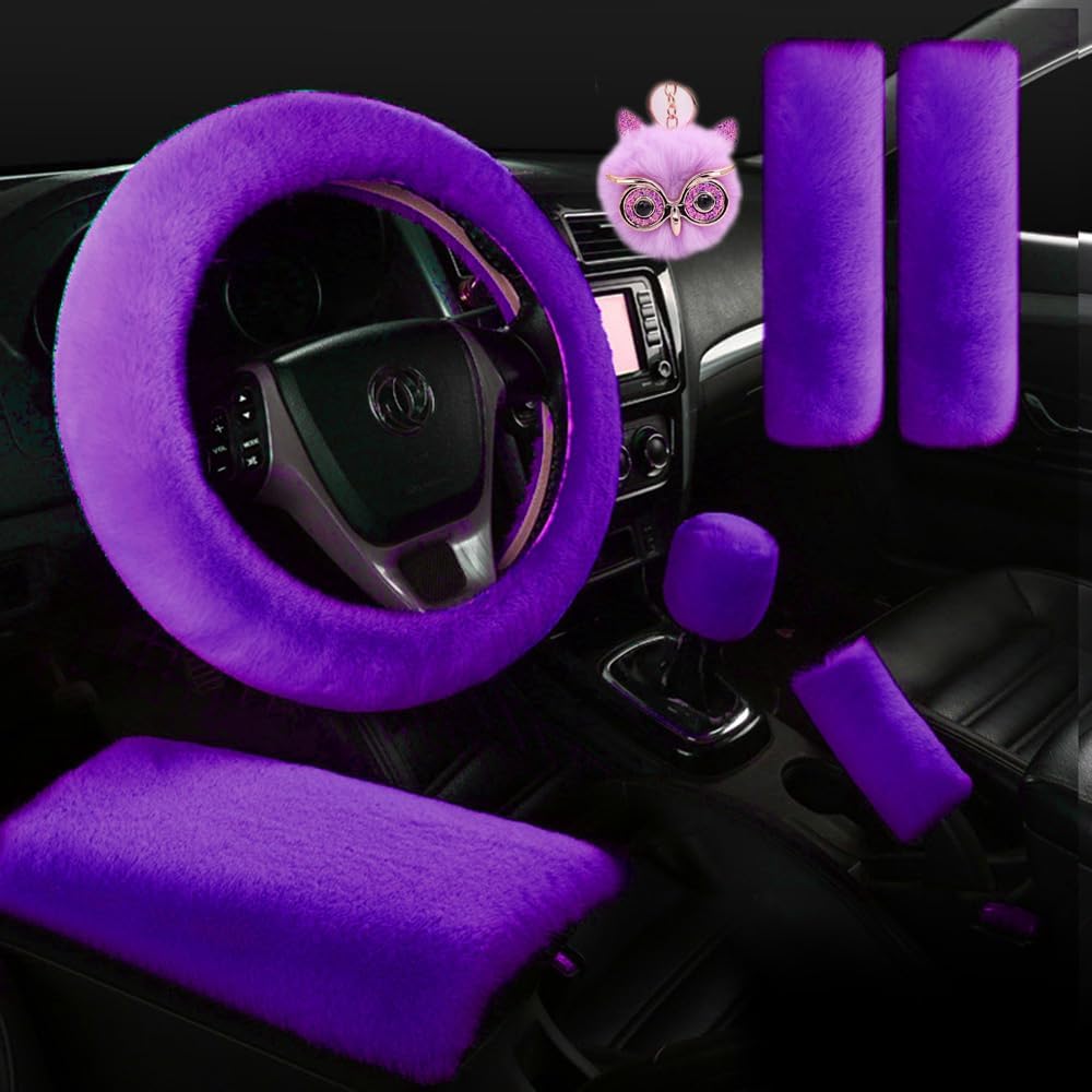 7 Pcs Fuzzy Steering Wheel Cover Set Women Fluffy Car Accessories Armrest Console Covers Handbrake Seat Belt Cover Shoulder pad Gear Shift Cover Deco (Purple)