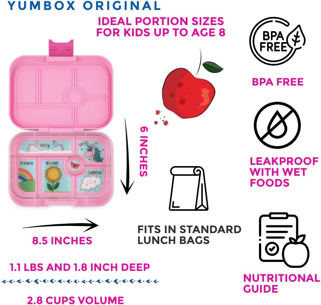 Yumbox Original Leakproof Bento Lunch Box for Kids, 6-Compartment Portion Control Container, Power Pink Unicorn tray