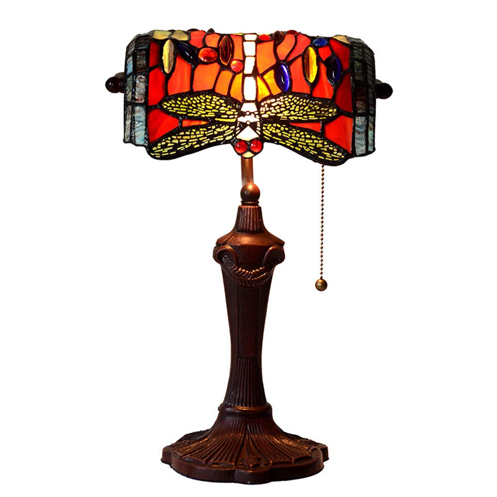 Aioneer Tiffany Style Dragonfly Table Lamp, Stained Glass Shade Bedside Lamp, Vintage Reading Bank Desk Lamp For Bedroom Living Room Study Decorative Night Lighting-Red