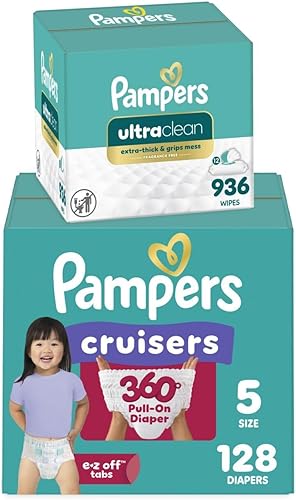 Pampers Pull On Cruisers - Pañales desechables para bebé, ajuste de 360, talla 5, 128 unidades con toallitas para bebé libres y suaves, 12 paquetes