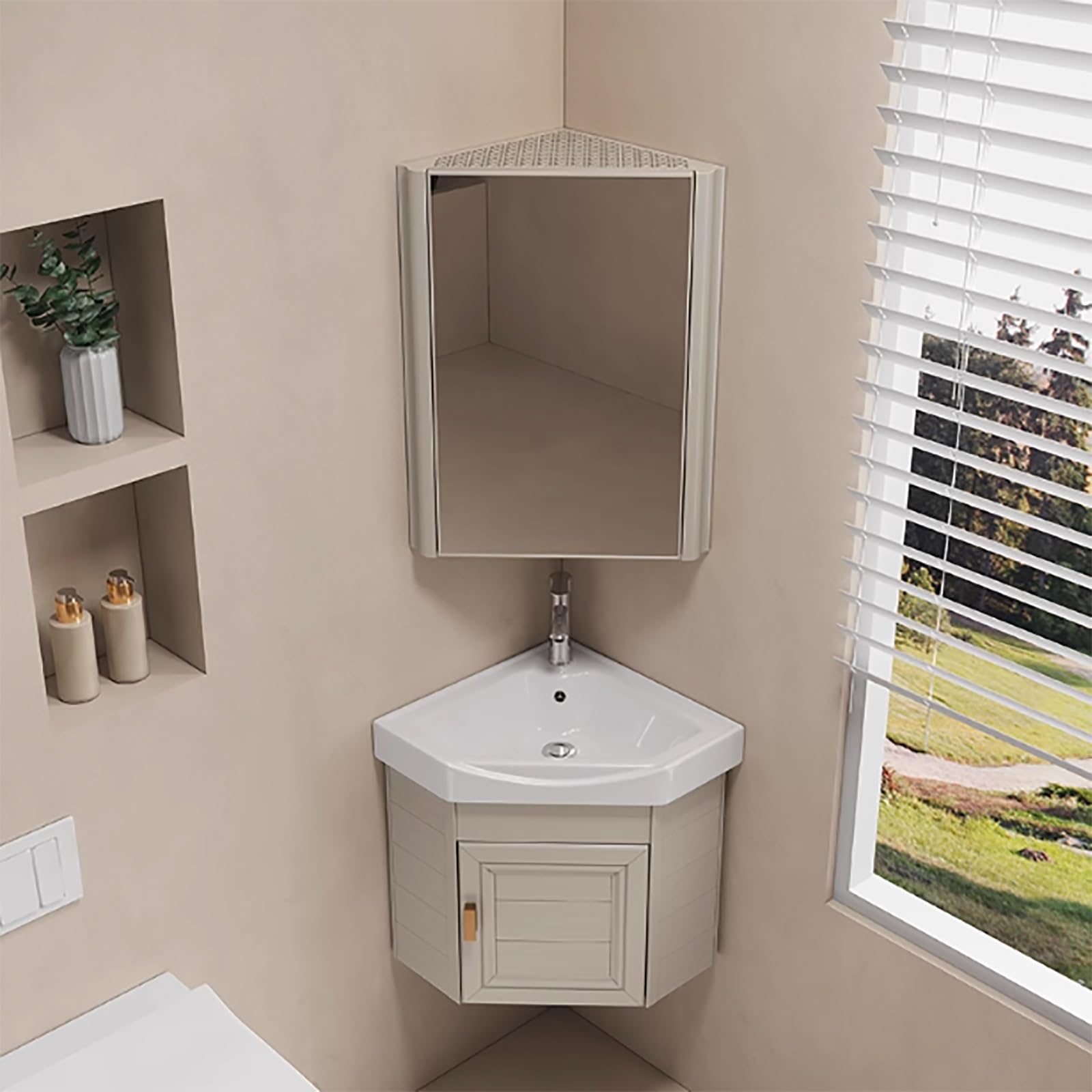 Eckwaschbecken Mit Unterschrank, Wandmontiertes Keramik Waschbecken, Badezimmer-Waschbecken, Mit Wasserhahn, Badunterschrank Waschbecken, Badmöbel-Set, Für Badezimmer(Gray,48cm/18.9in)