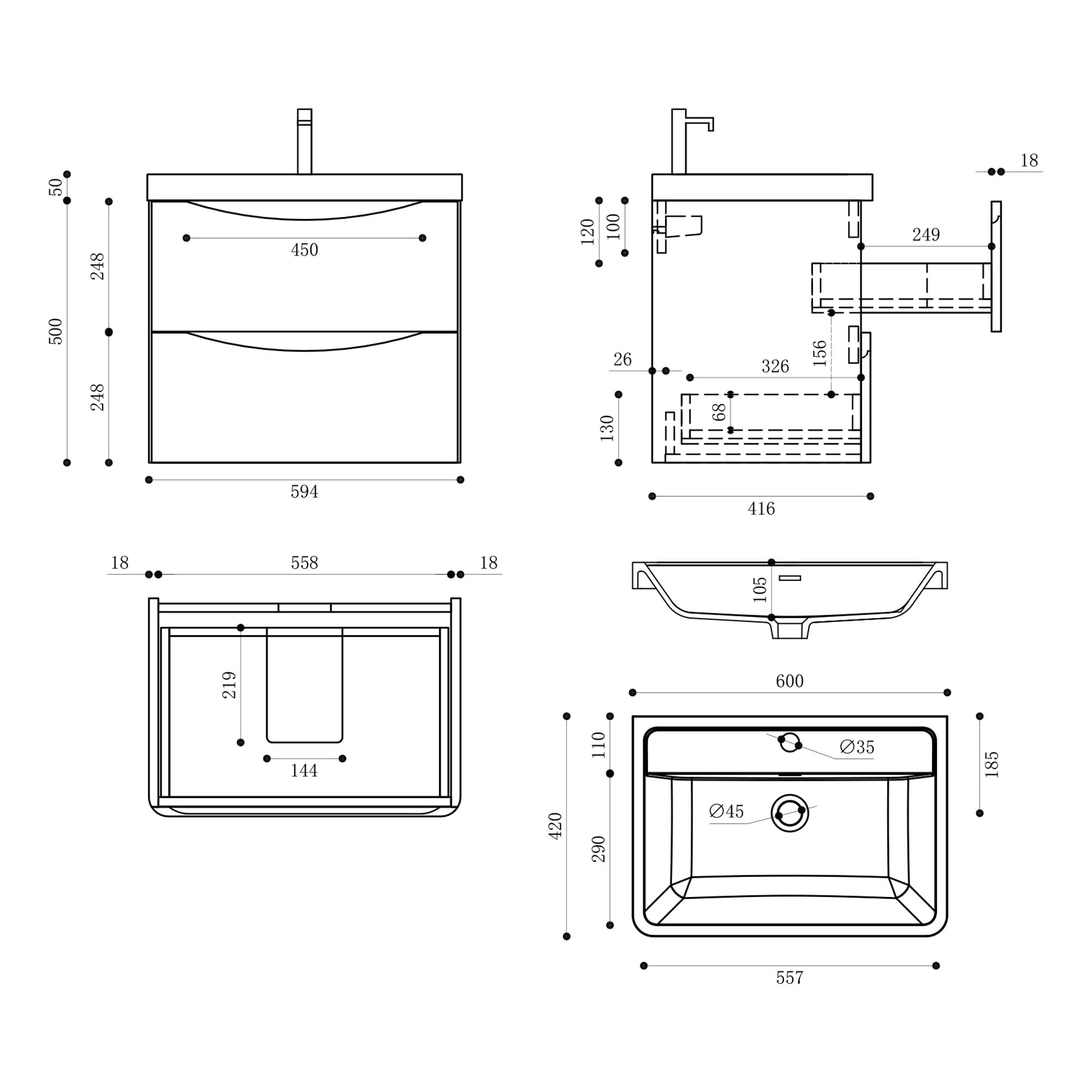 doporro Meuble de Salle de Bain Suspendus Noir Mat 60x42x50cm Ensemble de 2 Pièces Meuble avec Lavabo Design Smile-Lackier