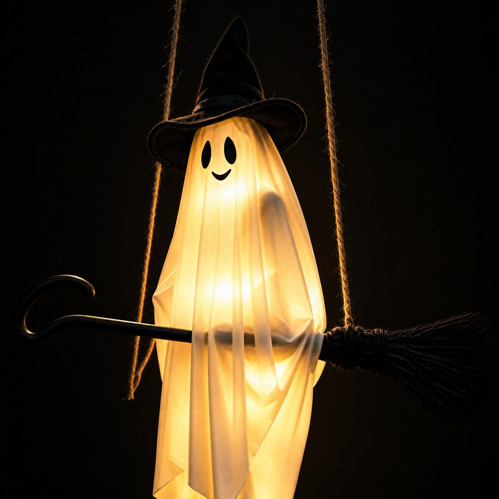 Decoración Colgante Luminosa de Halloween: Fantasma con Sombrero de Bruja Montando una Escoba, con Luces LED cálidas. Ideal para Interiores y Exteriores, porches, Jardines, Patios,