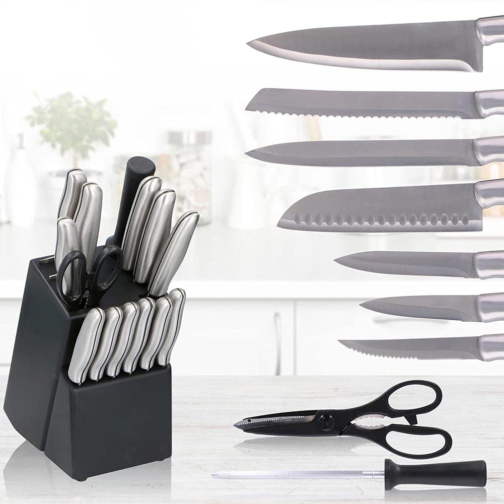 BAKAJI Set Coltelli 15 Pezzi da Cucina Professionali con Ceppo Portacoltelli Forbici Affilacoltelli Blocco Supporto Affilati Acciaio Inox Inossidabile per Carne Verdure Pesce Chef per Cuoco