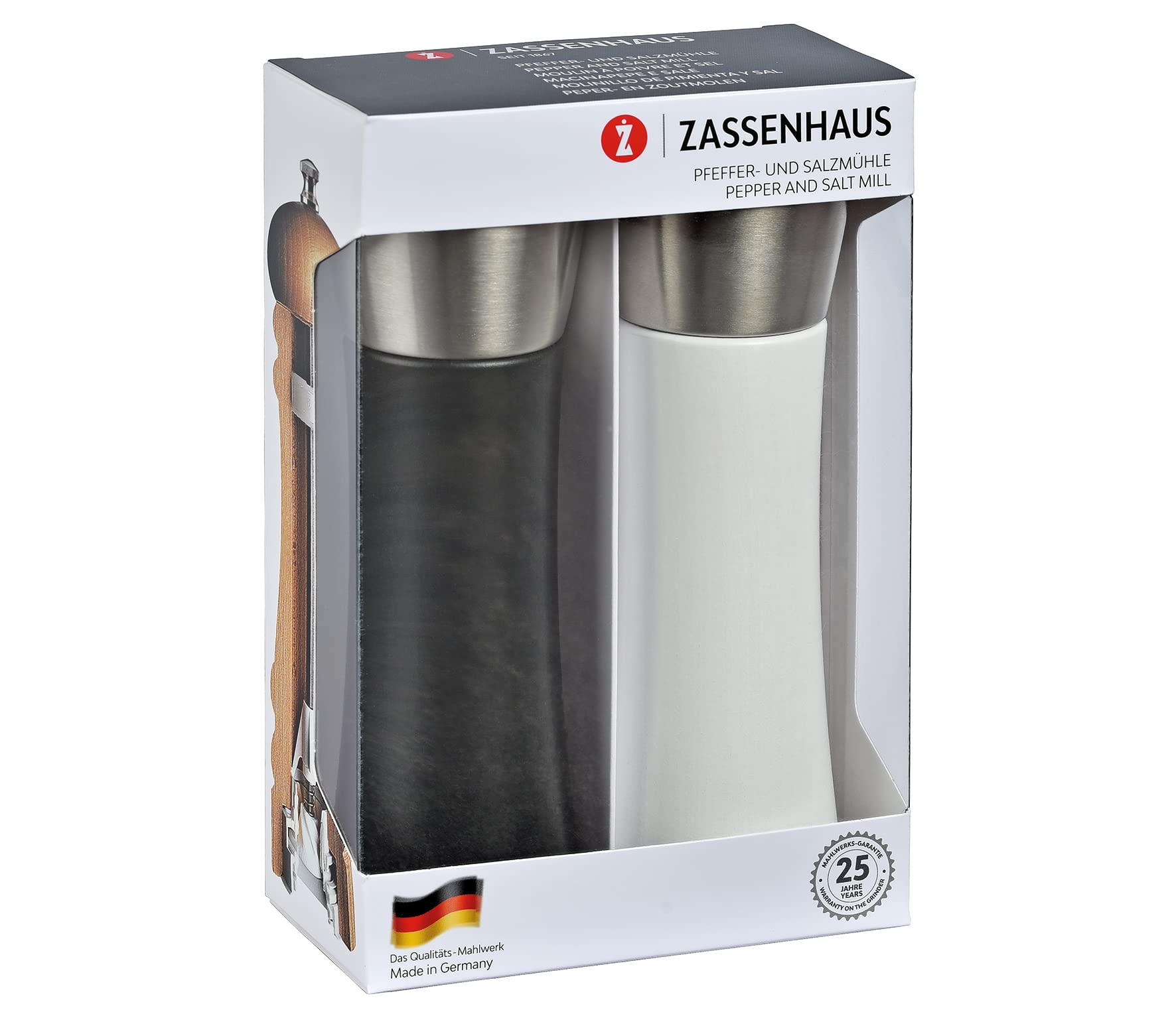 Zassenhaus - Zestaw młynek do pieprzu/młynek do soli AUGSBURG, 18 cm, czarny/biały